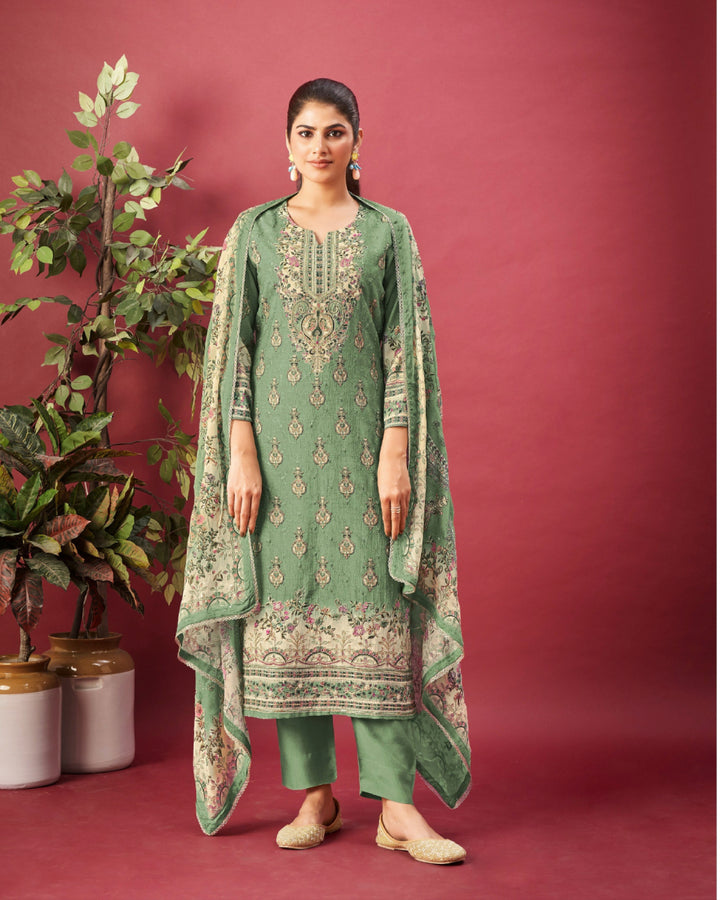 43972 - Printed Muslin Embroidered Suit With Muslin Duppatta