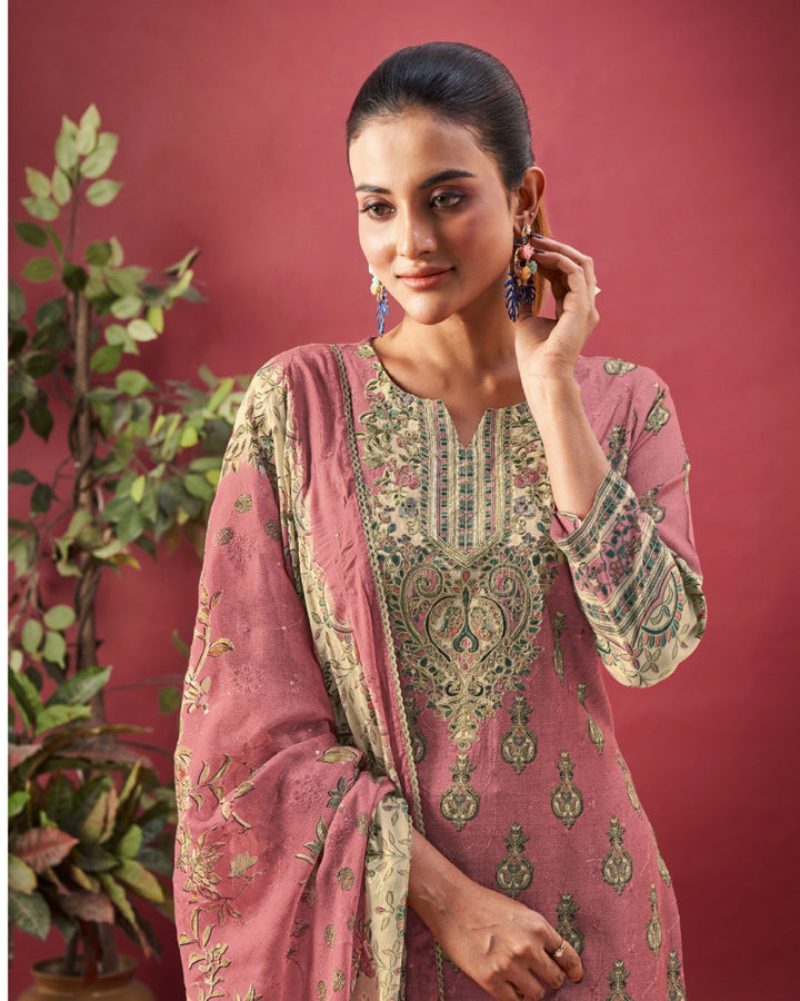 43973 - Printed Muslin Embroidered Suit With Muslin Duppatta