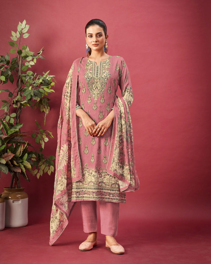 43973 - Printed Muslin Embroidered Suit With Muslin Duppatta