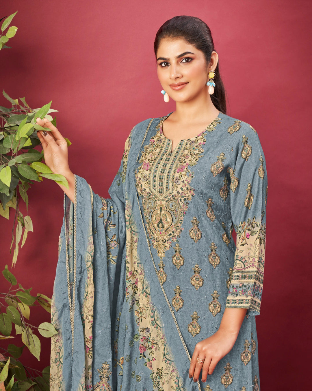 43974 - Printed Muslin Embroidered Suit With Muslin Duppatta