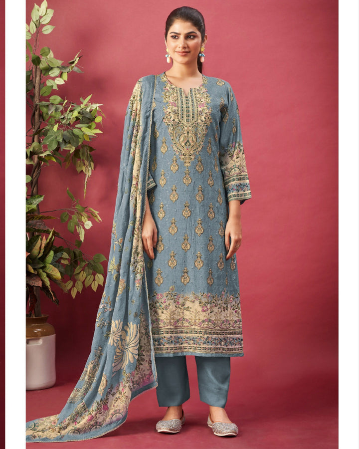 43974 - Printed Muslin Embroidered Suit With Muslin Duppatta
