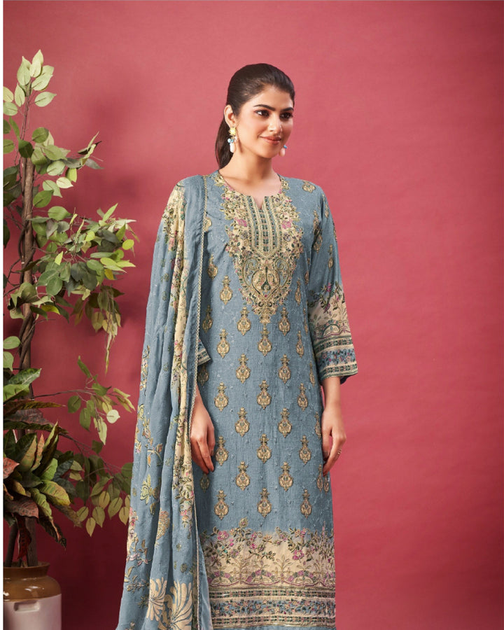 43974 - Printed Muslin Embroidered Suit With Muslin Duppatta