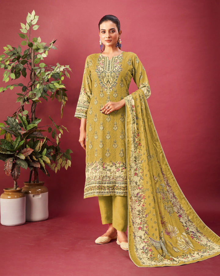 43975 - Printed Muslin Embroidered Suit With Muslin Duppatta