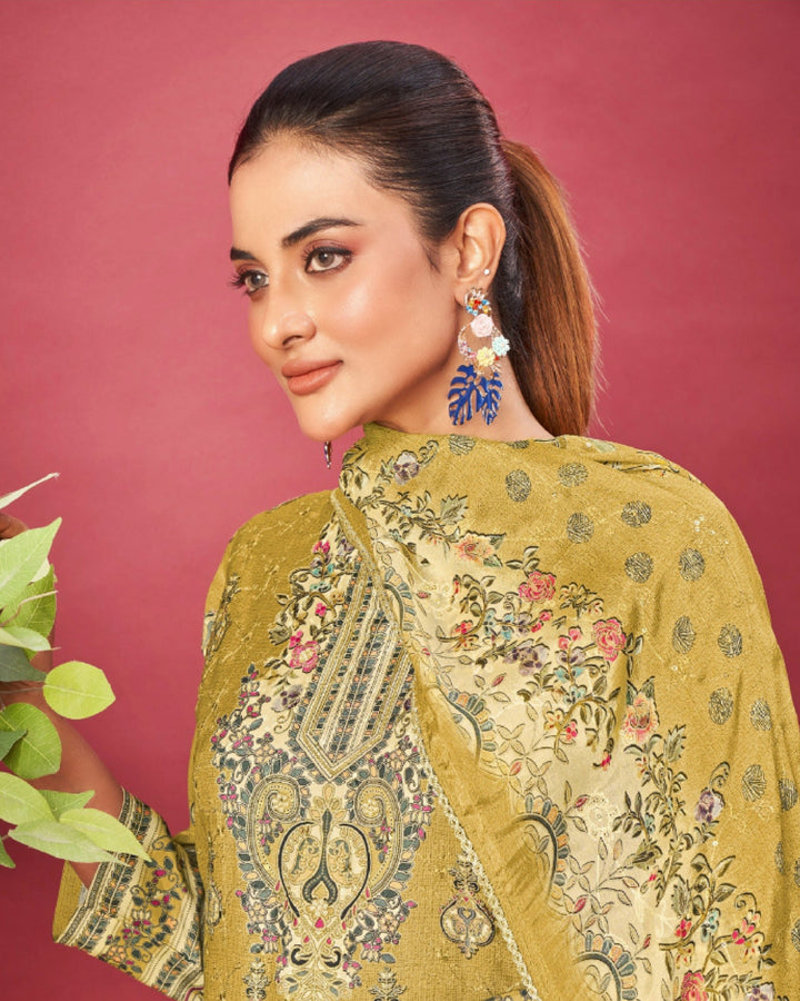 43975 - Printed Muslin Embroidered Suit With Muslin Duppatta