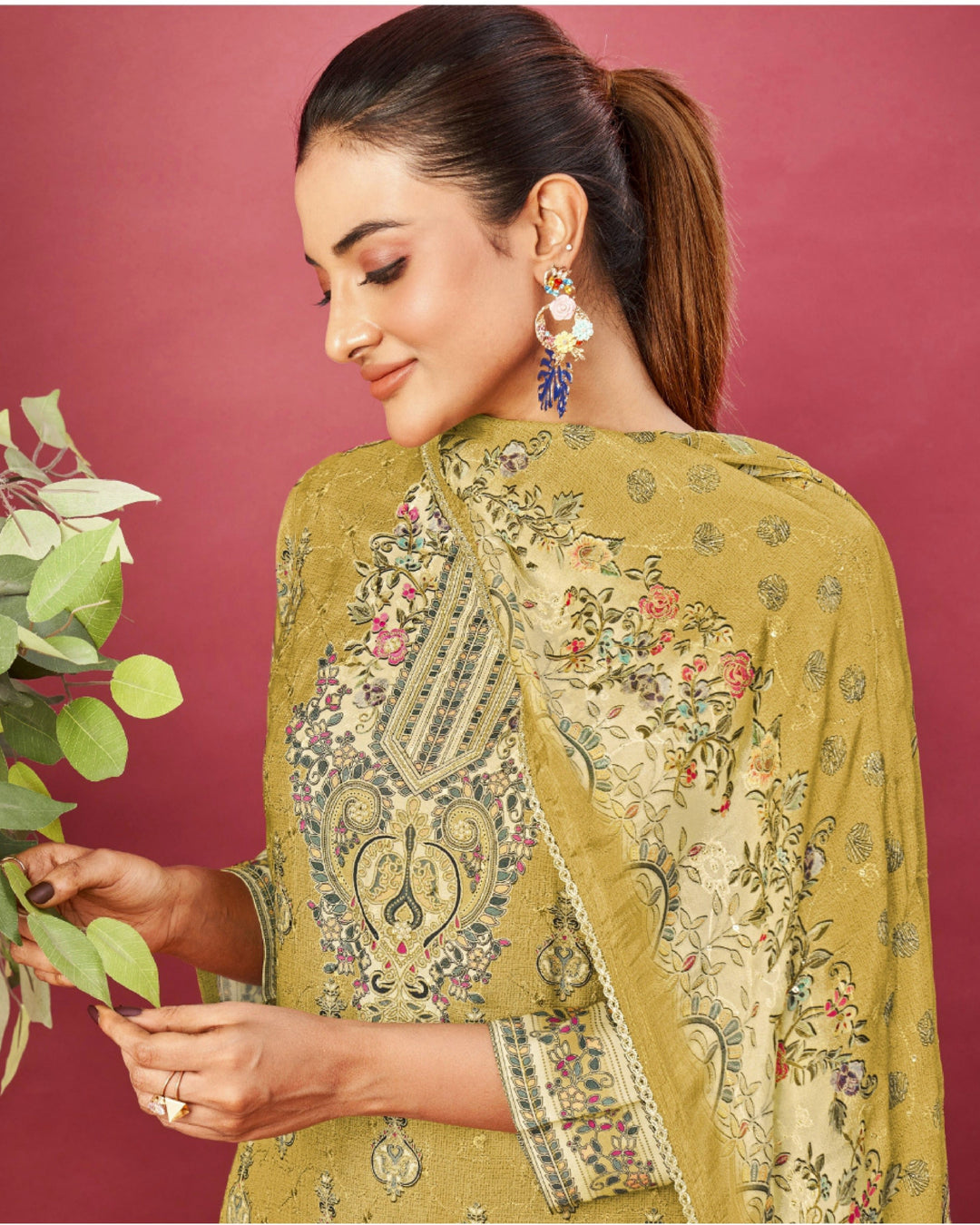43975 - Printed Muslin Embroidered Suit With Muslin Duppatta