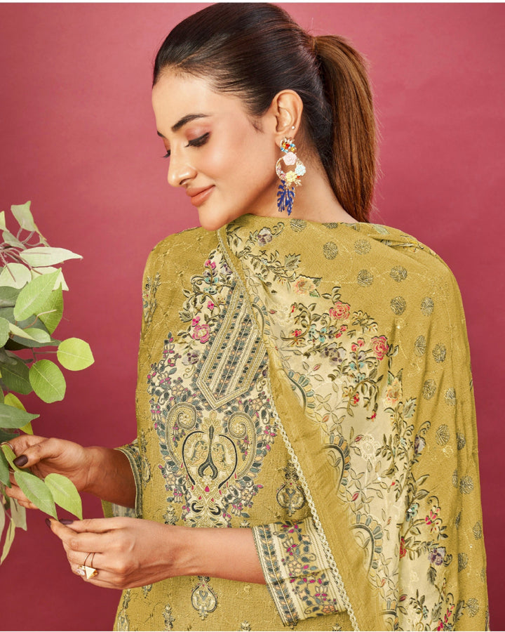 43975 - Printed Muslin Embroidered Suit With Muslin Duppatta
