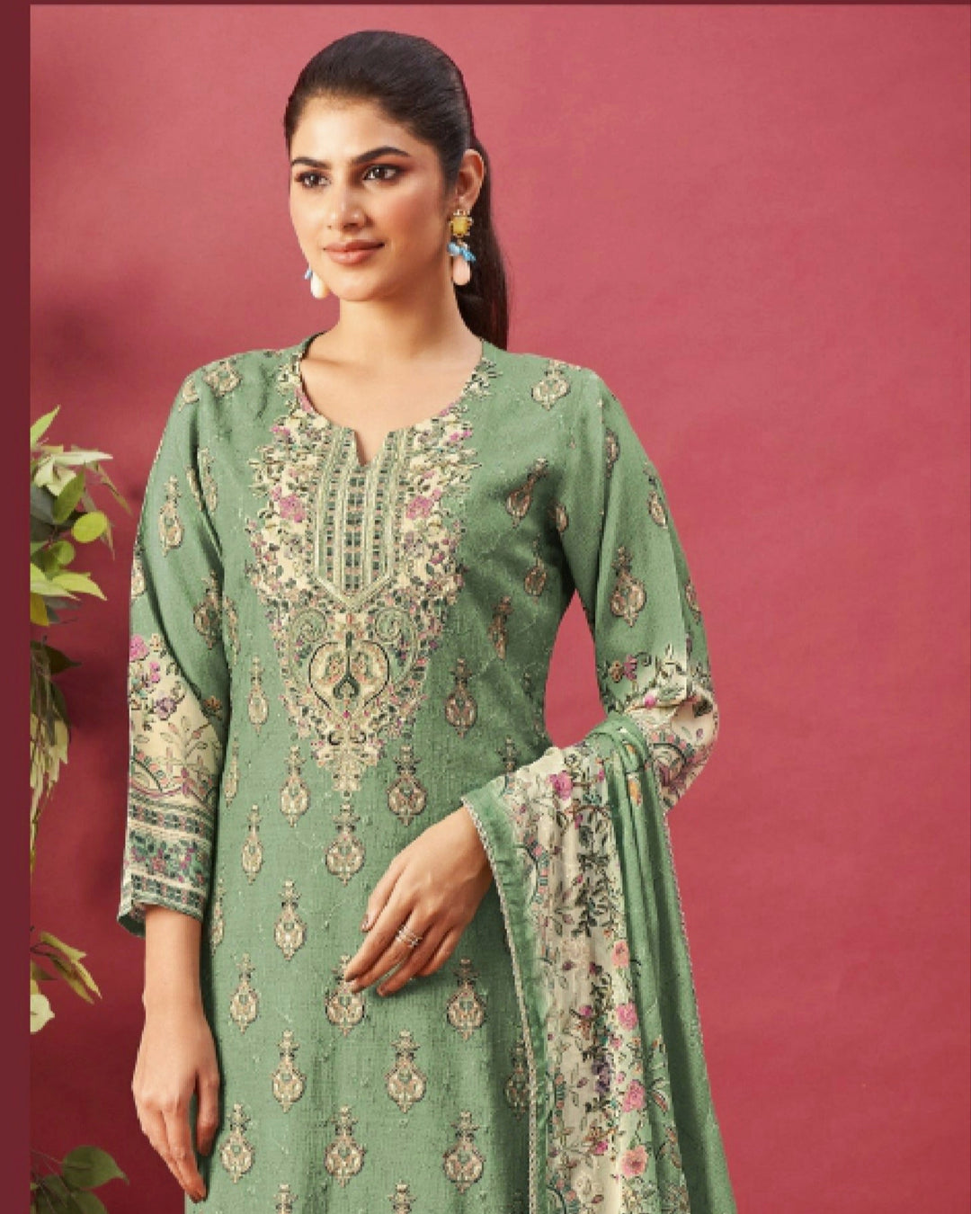 43972 - Printed Muslin Embroidered Suit With Muslin Duppatta