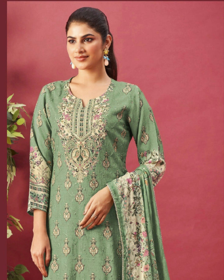 43972 - Printed Muslin Embroidered Suit With Muslin Duppatta