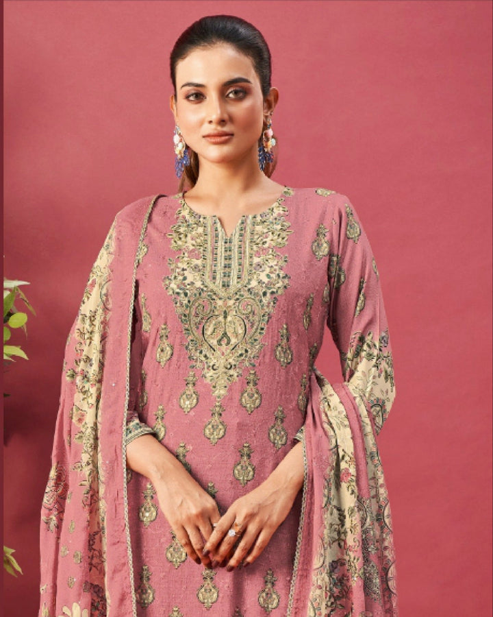 43973 - Printed Muslin Embroidered Suit With Muslin Duppatta