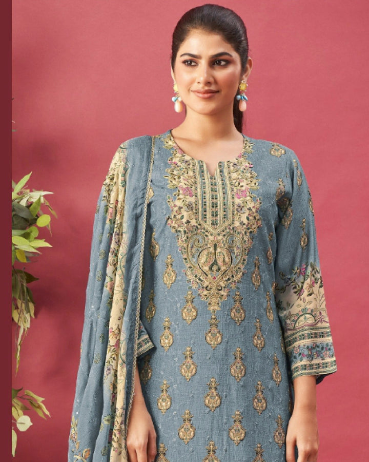 43974 - Printed Muslin Embroidered Suit With Muslin Duppatta
