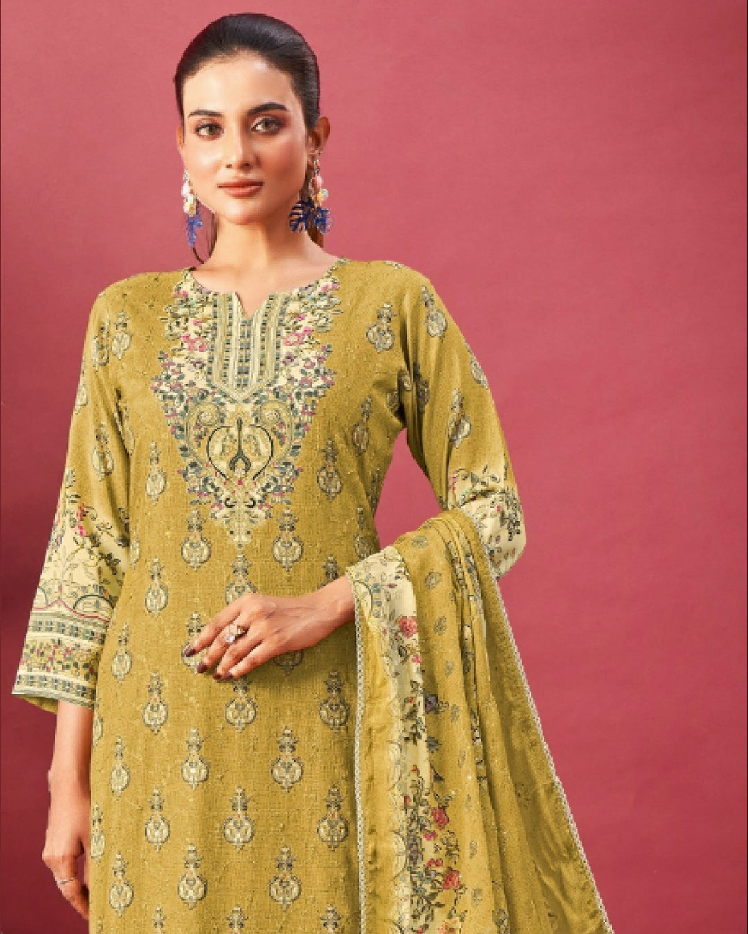 43975 - Printed Muslin Embroidered Suit With Muslin Duppatta