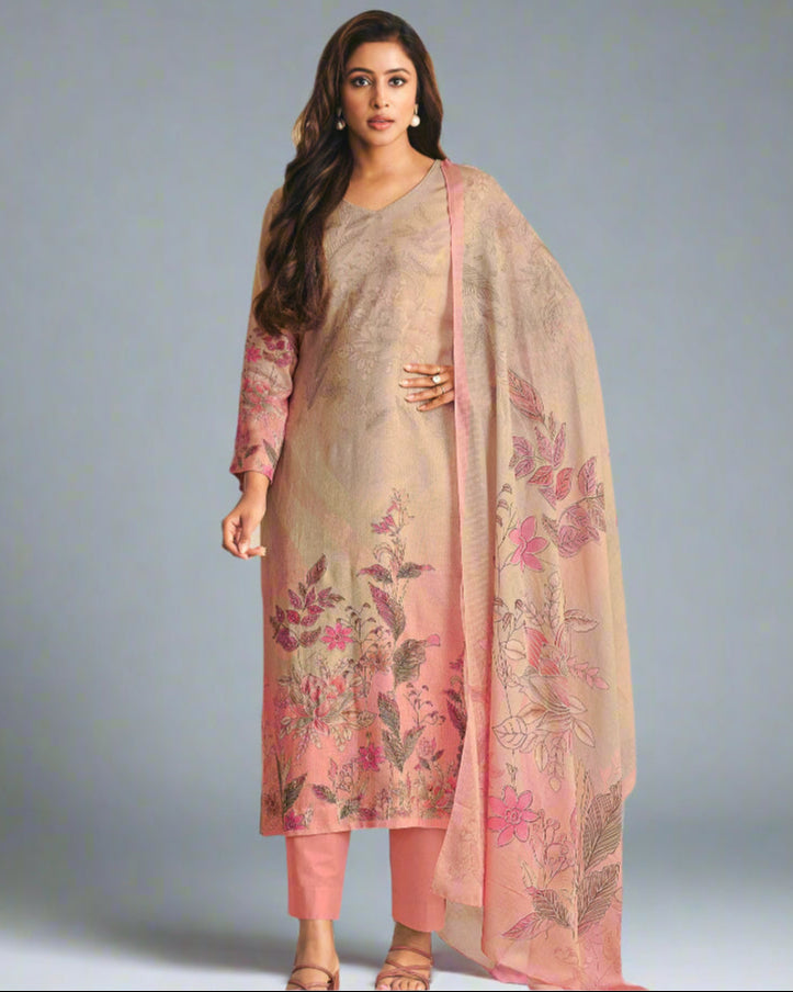 Pink Muslin Floral Suit Set with Dupatta