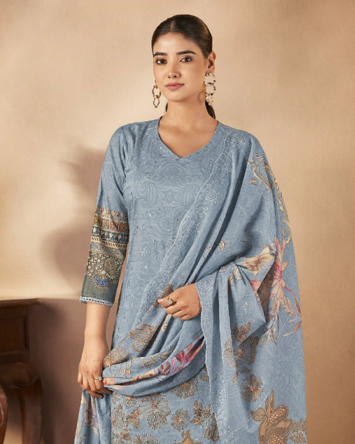 43982 - Printed Cotton Embroidered Suit With Cotton Duppatta
