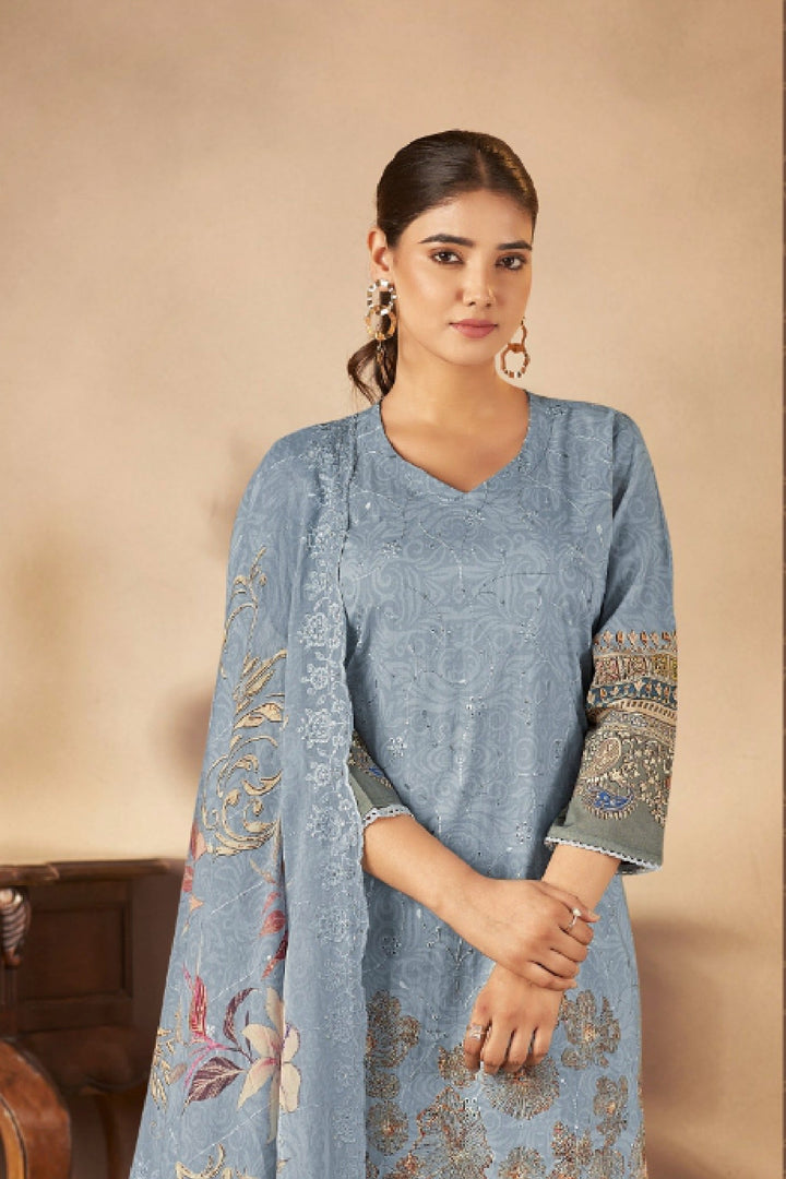43982 - Printed Cotton Embroidered Suit With Cotton Duppatta