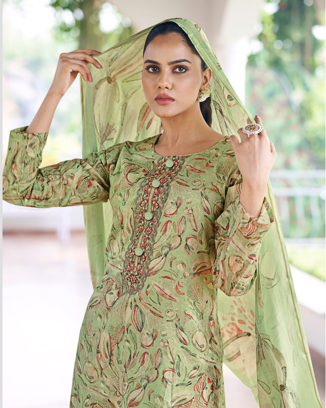 43610 - Printed Muslin Embroidered Suit With Chinnon Duppatta