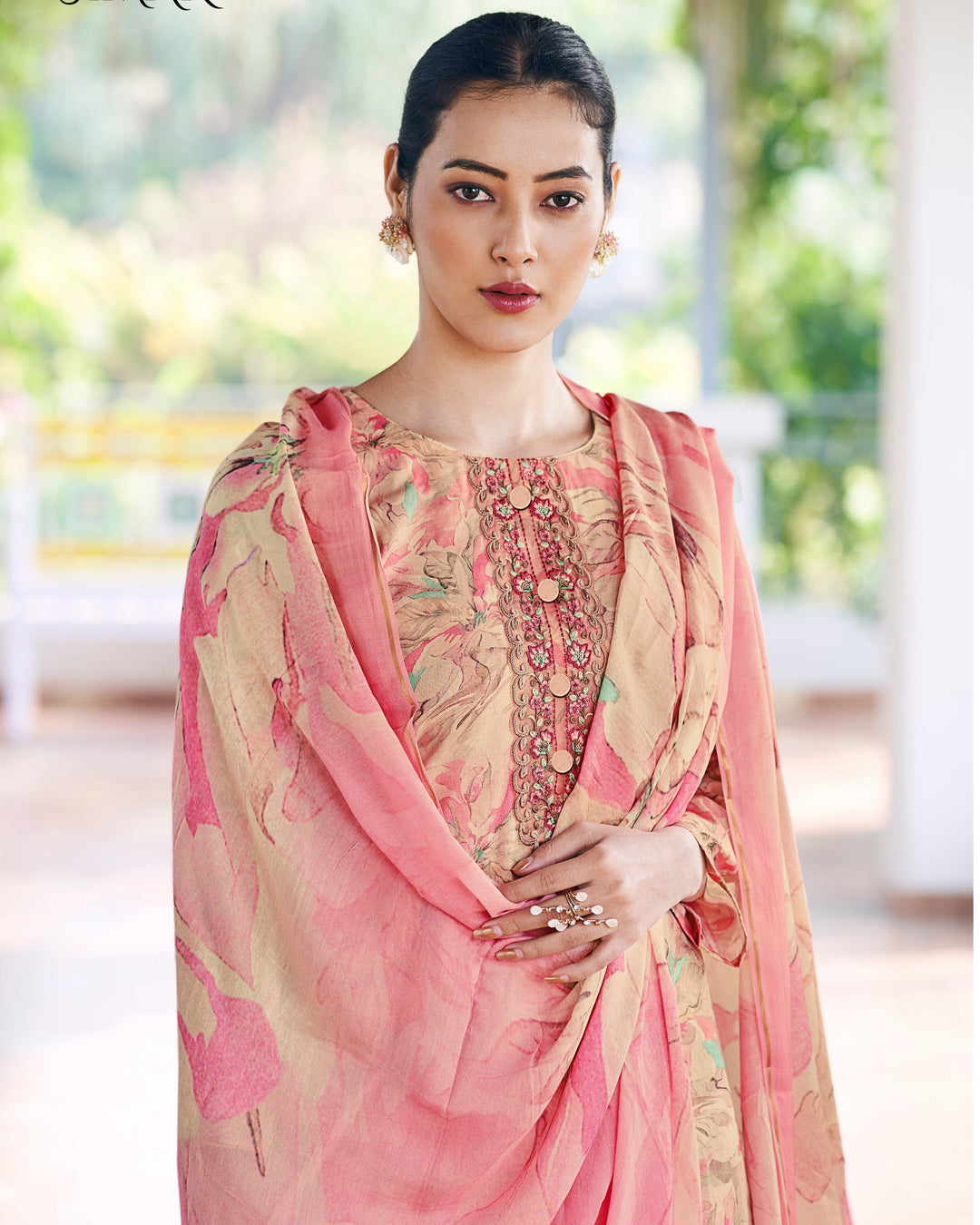 43607 - Printed Muslin Embroidered Suit With Chinnon Duppatta