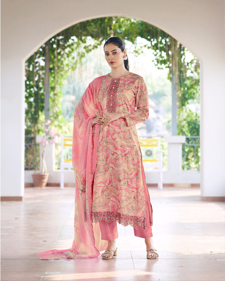43607 - Printed Muslin Embroidered Suit With Chinnon Duppatta