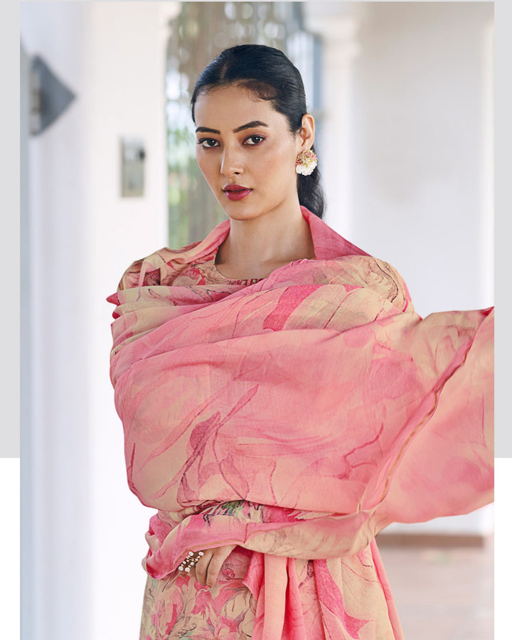 43607 - Printed Muslin Embroidered Suit With Chinnon Duppatta