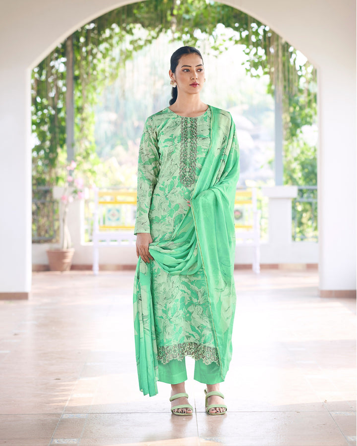 43608 - Printed Muslin Embroidered Suit With Chinnon Duppatta