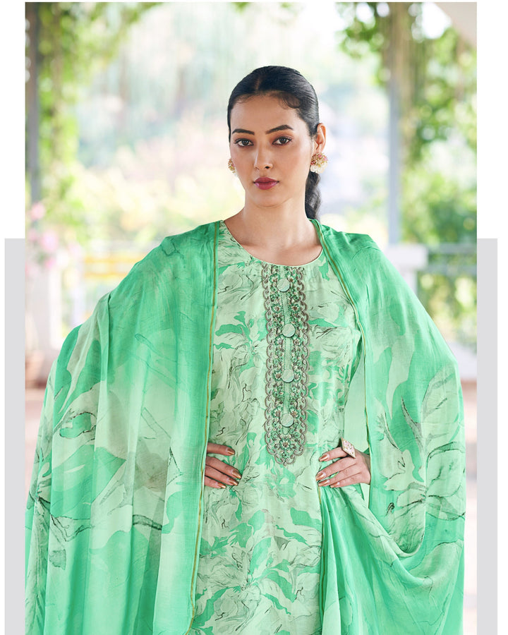 43608 - Printed Muslin Embroidered Suit With Chinnon Duppatta