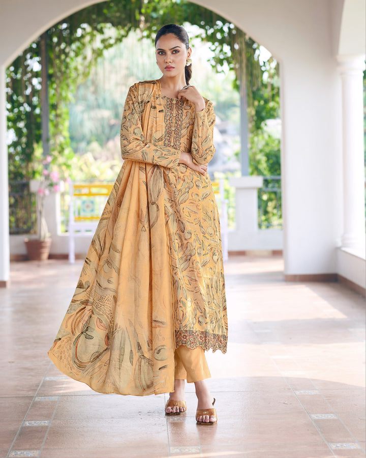 43609 - Printed Muslin Embroidered Suit With Chinnon Duppatta