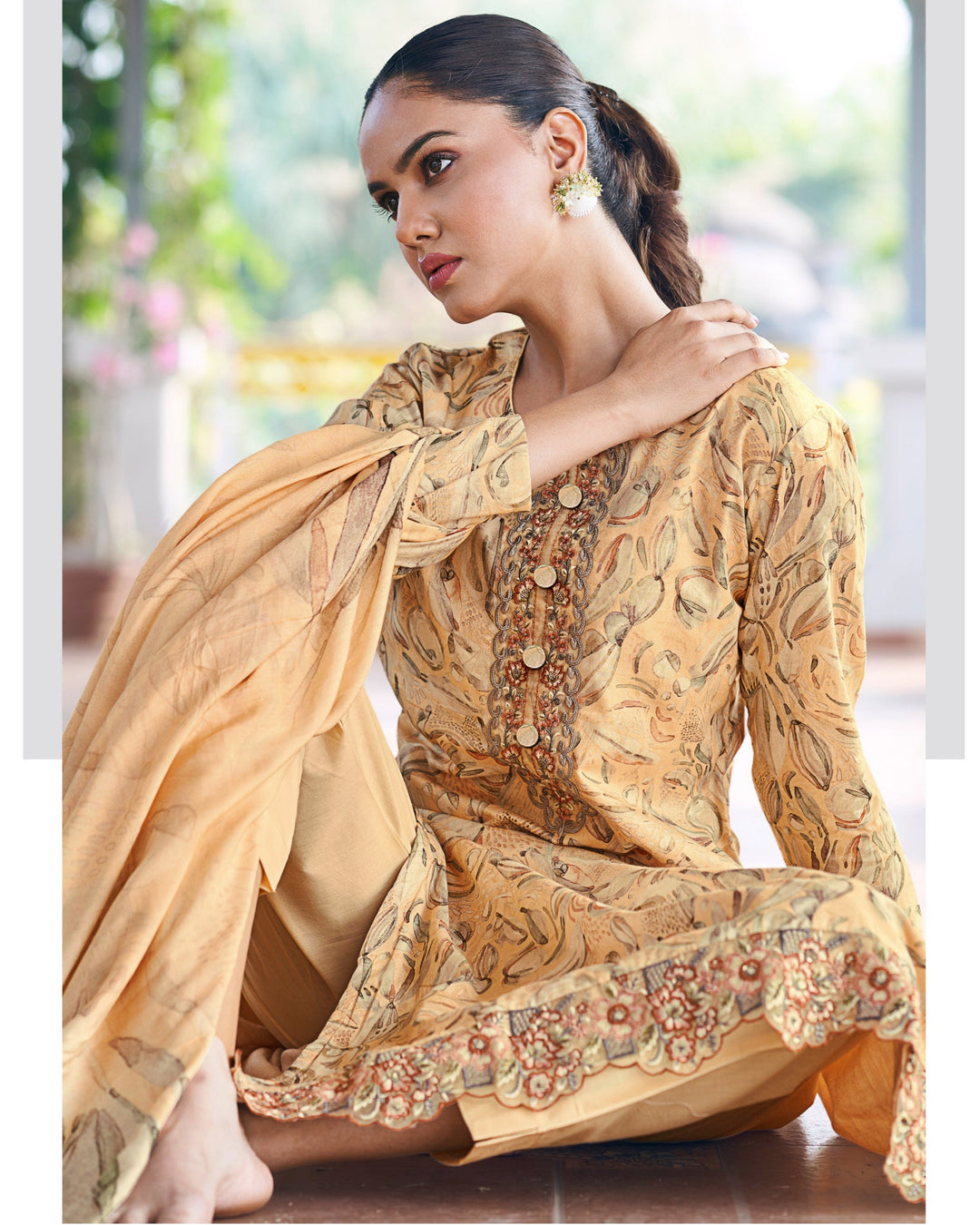 43609 - Printed Muslin Embroidered Suit With Chinnon Duppatta