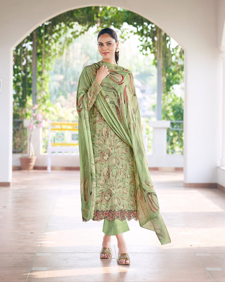 43610 - Printed Muslin Embroidered Suit With Chinnon Duppatta