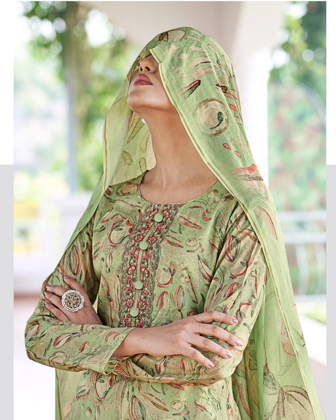 43610 - Printed Muslin Embroidered Suit With Chinnon Duppatta