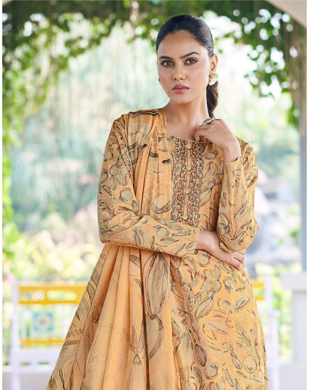 43609 - Printed Muslin Embroidered Suit With Chinnon Duppatta