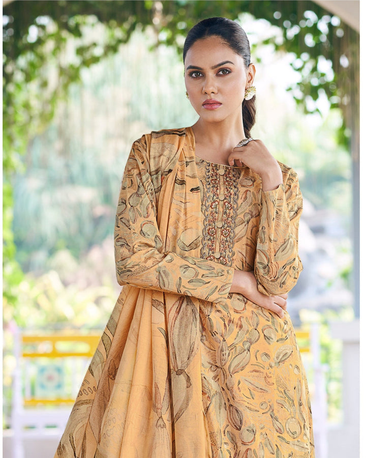 43609 - Printed Muslin Embroidered Suit With Chinnon Duppatta