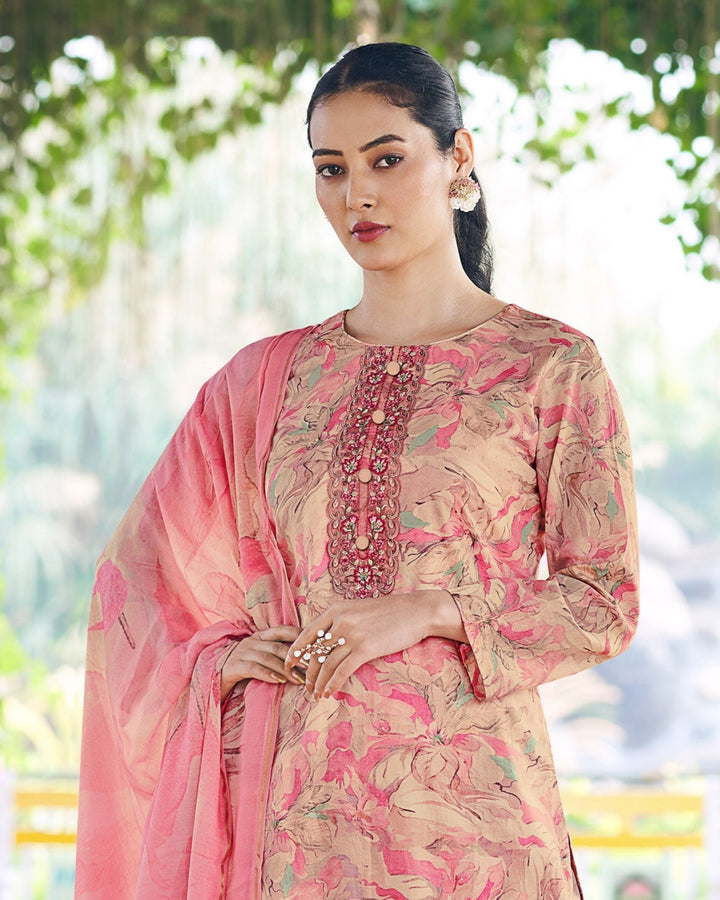 43607 - Printed Muslin Embroidered Suit With Chinnon Duppatta