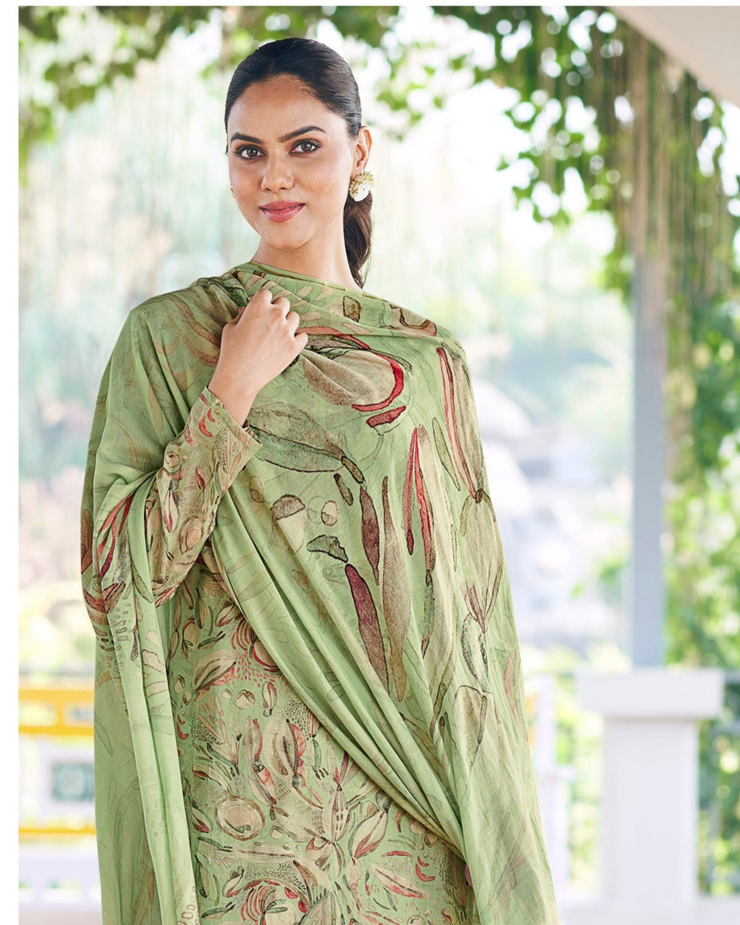 43610 - Printed Muslin Embroidered Suit With Chinnon Duppatta