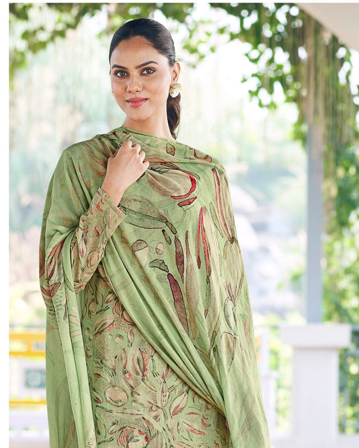 43610 - Printed Muslin Embroidered Suit With Chinnon Duppatta
