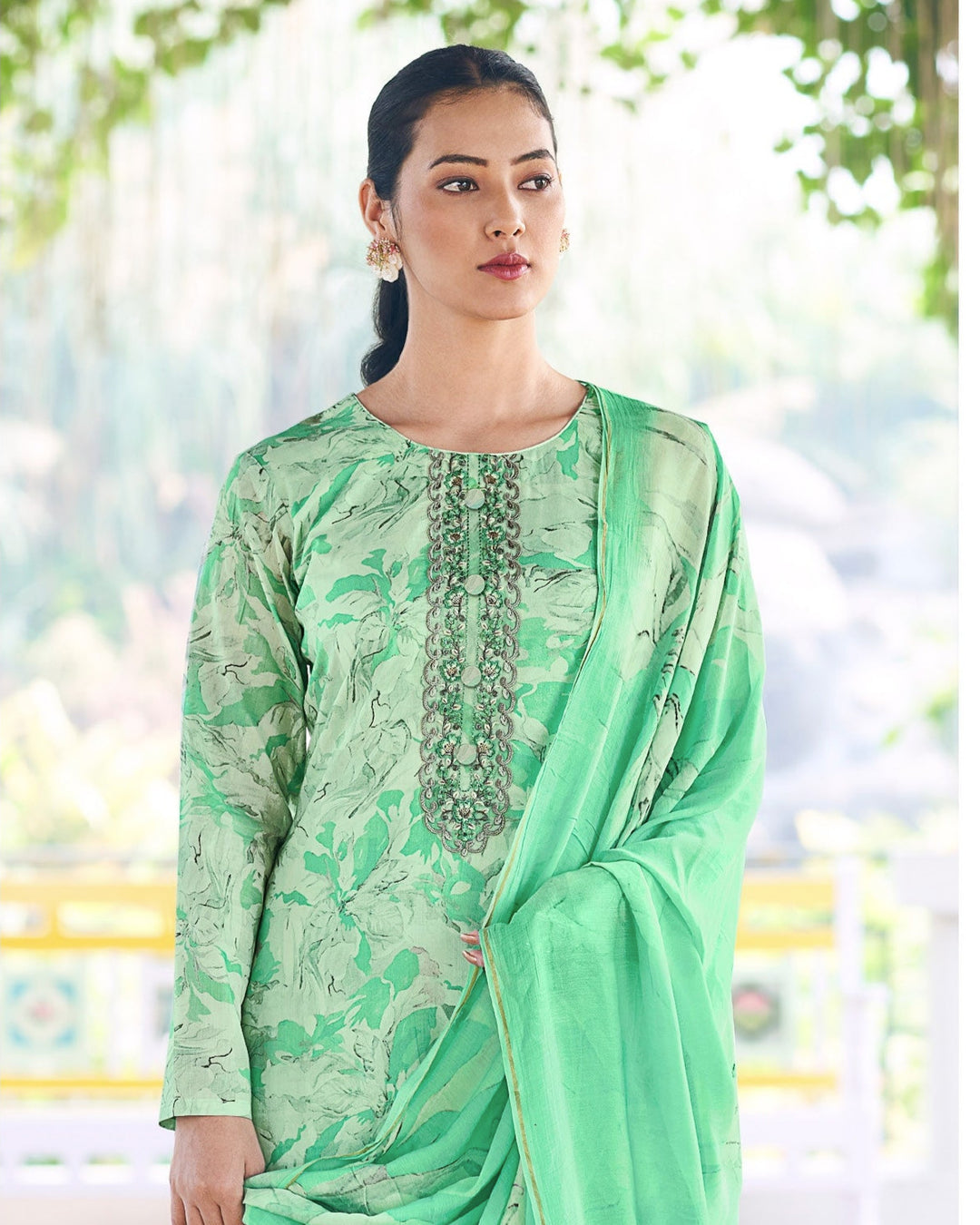 43608 - Printed Muslin Embroidered Suit With Chinnon Duppatta