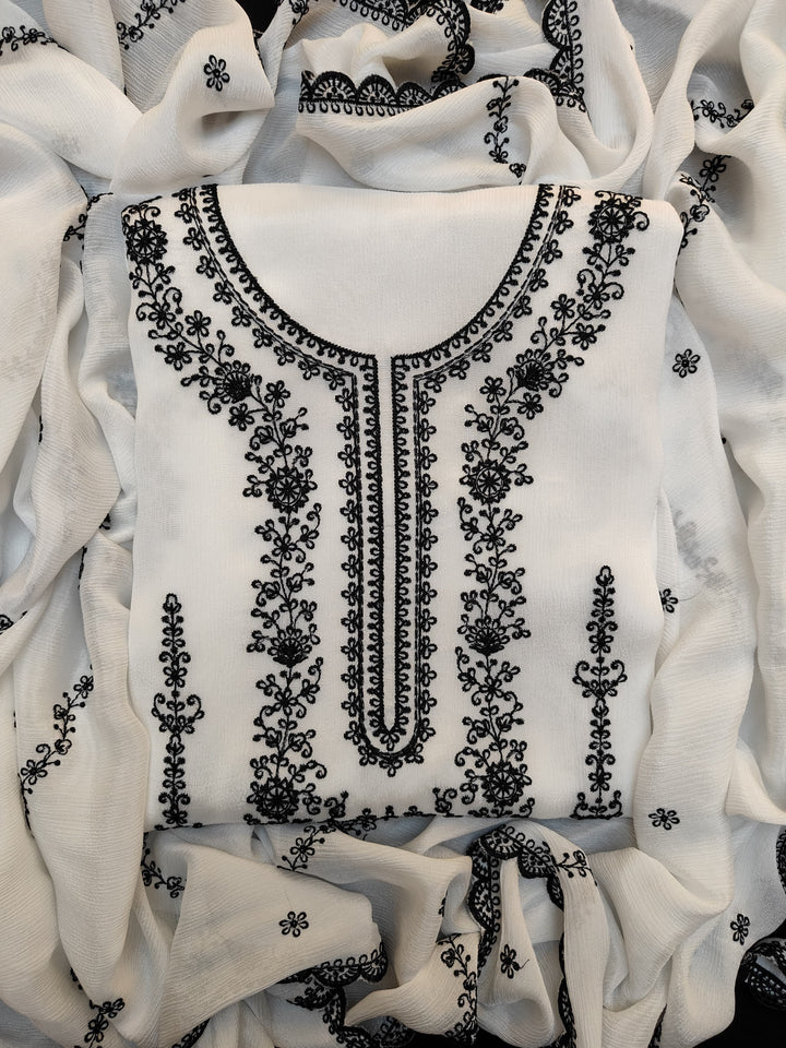 Chinnon Embroidery White & Black Unstitched Salwar Suits
