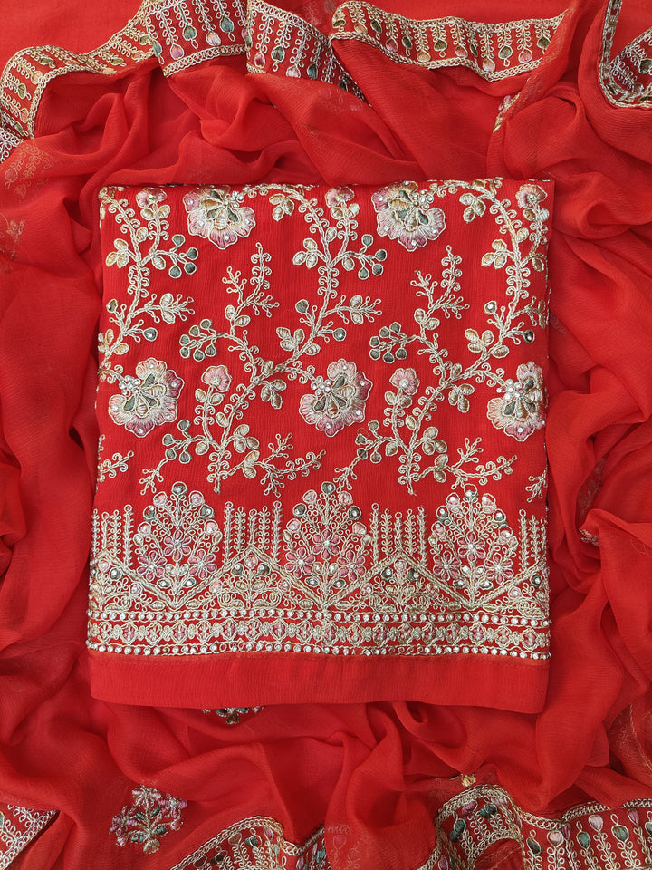 Chinnon Embroidery Red Unstitched Salwar Suits