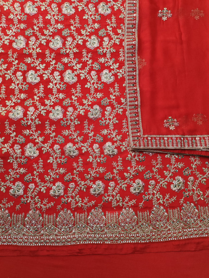 Chinnon Embroidery Red Unstitched Salwar Suits
