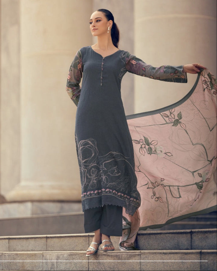 44422 - Printed Cotton Embroidered Suit With Cotton Duppatta