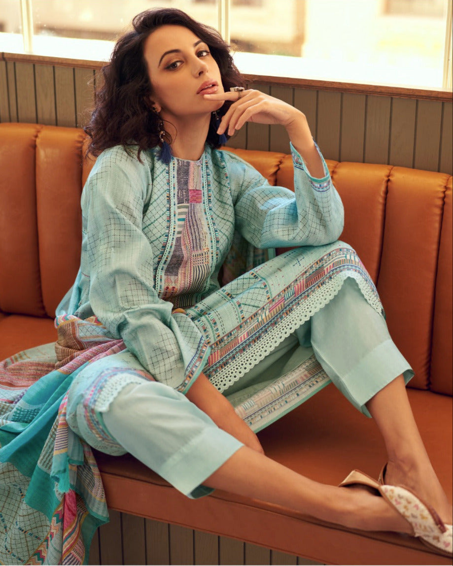 44436 - Printed Cotton Embroidered Suit With Cotton Duppatta