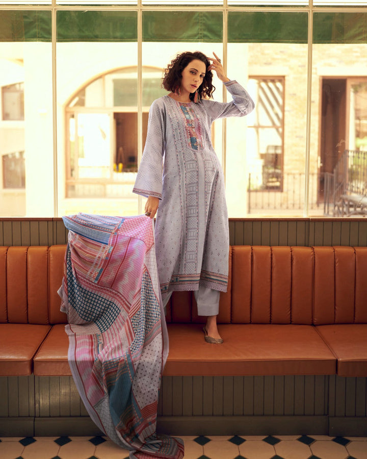 44437 - Printed Cotton Embroidered Suit With Cotton Duppatta