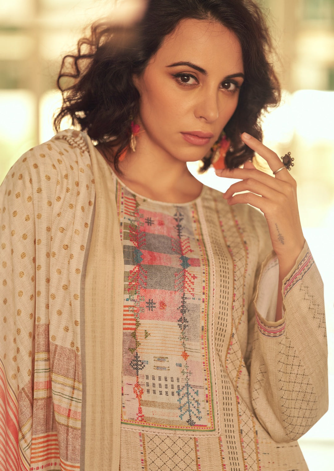 44439 - Printed Cotton Embroidered Suit With Cotton Duppatta