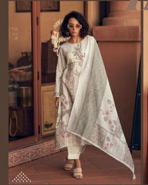 44460 - Printed Muslin Embroidered Suit With Muslin Duppatta