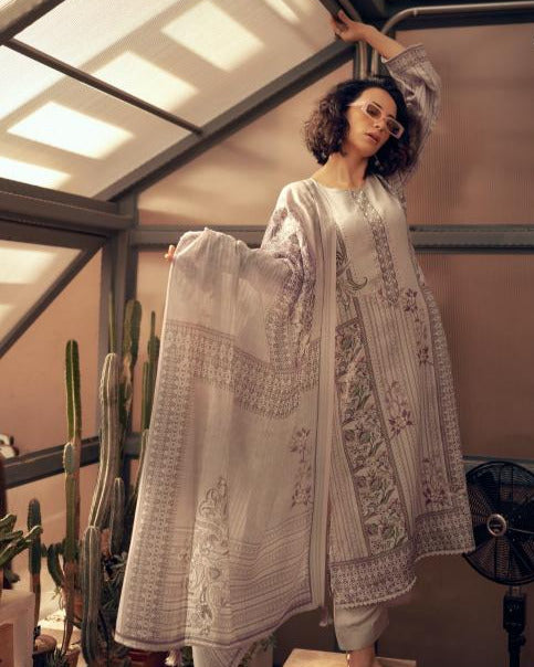 44459 - Printed Muslin Embroidered Suit With Muslin Duppatta