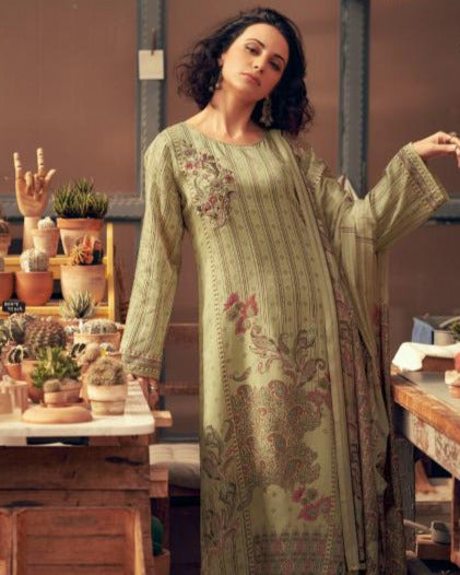 44463 - Printed Muslin Embroidered Suit With Muslin Duppatta