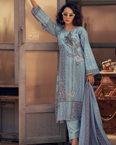 44458 - Printed Muslin Embroidered Suit With Muslin Duppatta