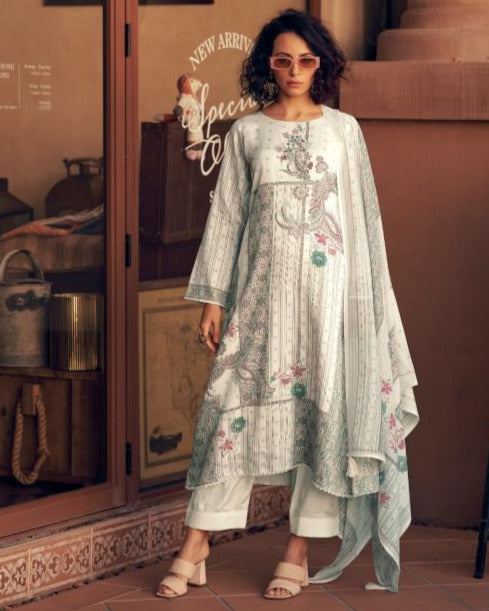 44460 - Printed Muslin Embroidered Suit With Muslin Duppatta