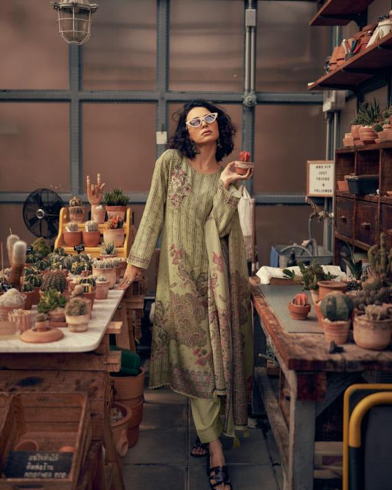 44463 - Printed Muslin Embroidered Suit With Muslin Duppatta