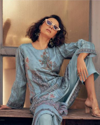 44458 - Printed Muslin Embroidered Suit With Muslin Duppatta