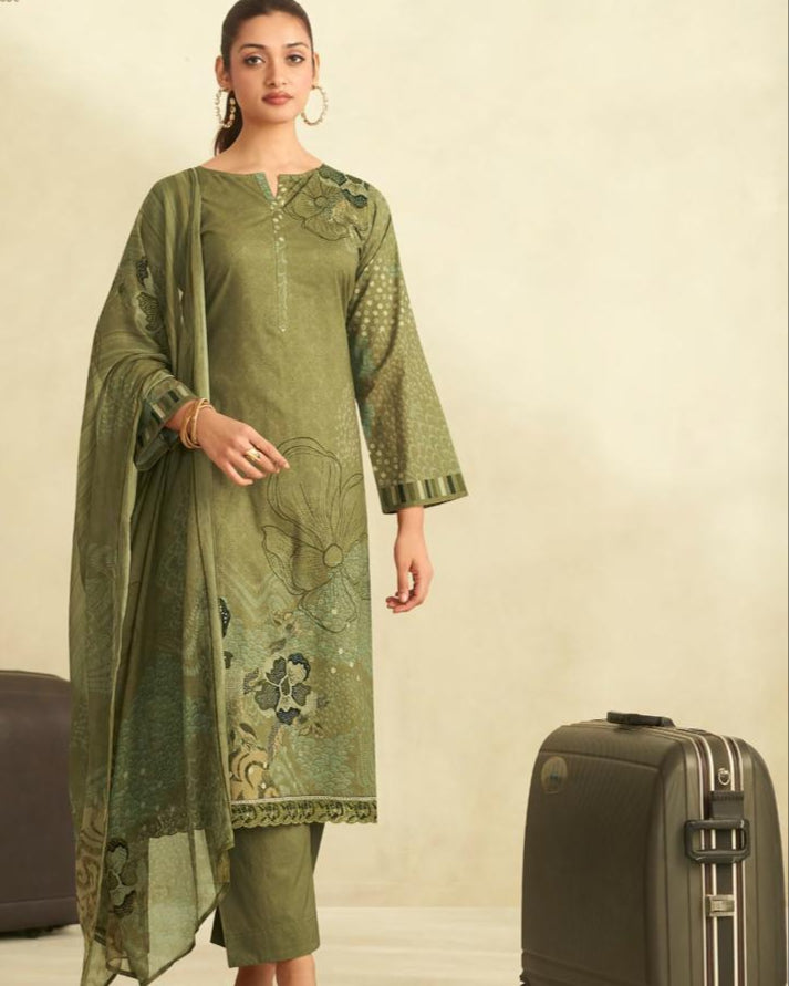 11460 - Printed Cotton Embroidered Suit With Chiffon Duppatta