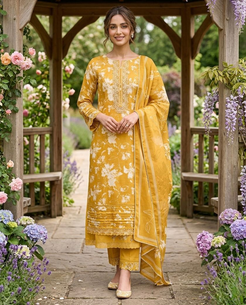 Woman in a yellow floral dress standing in a garden with flowers around